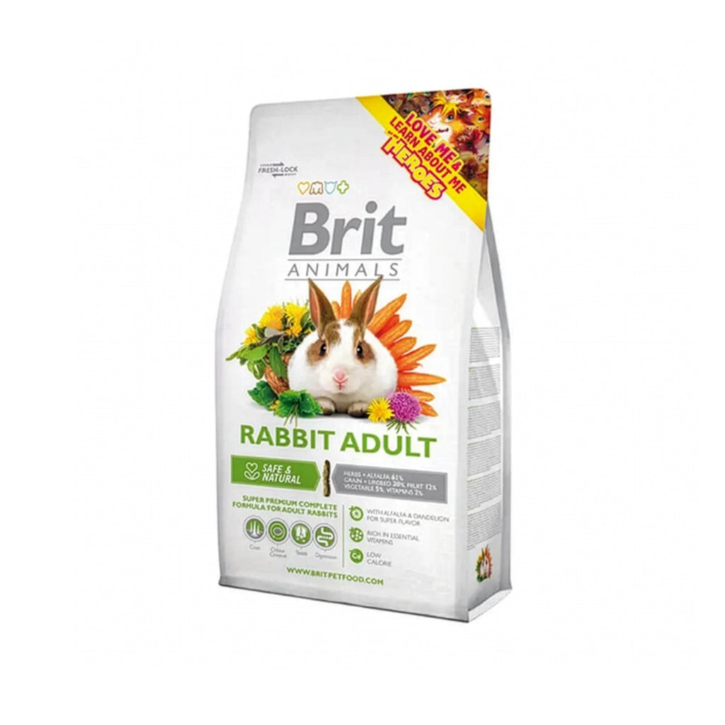 Brit Animals para Conejo Adulto, alimento completo para conejos adultos en bolsa con imagen de un conejo y hierbas naturales.