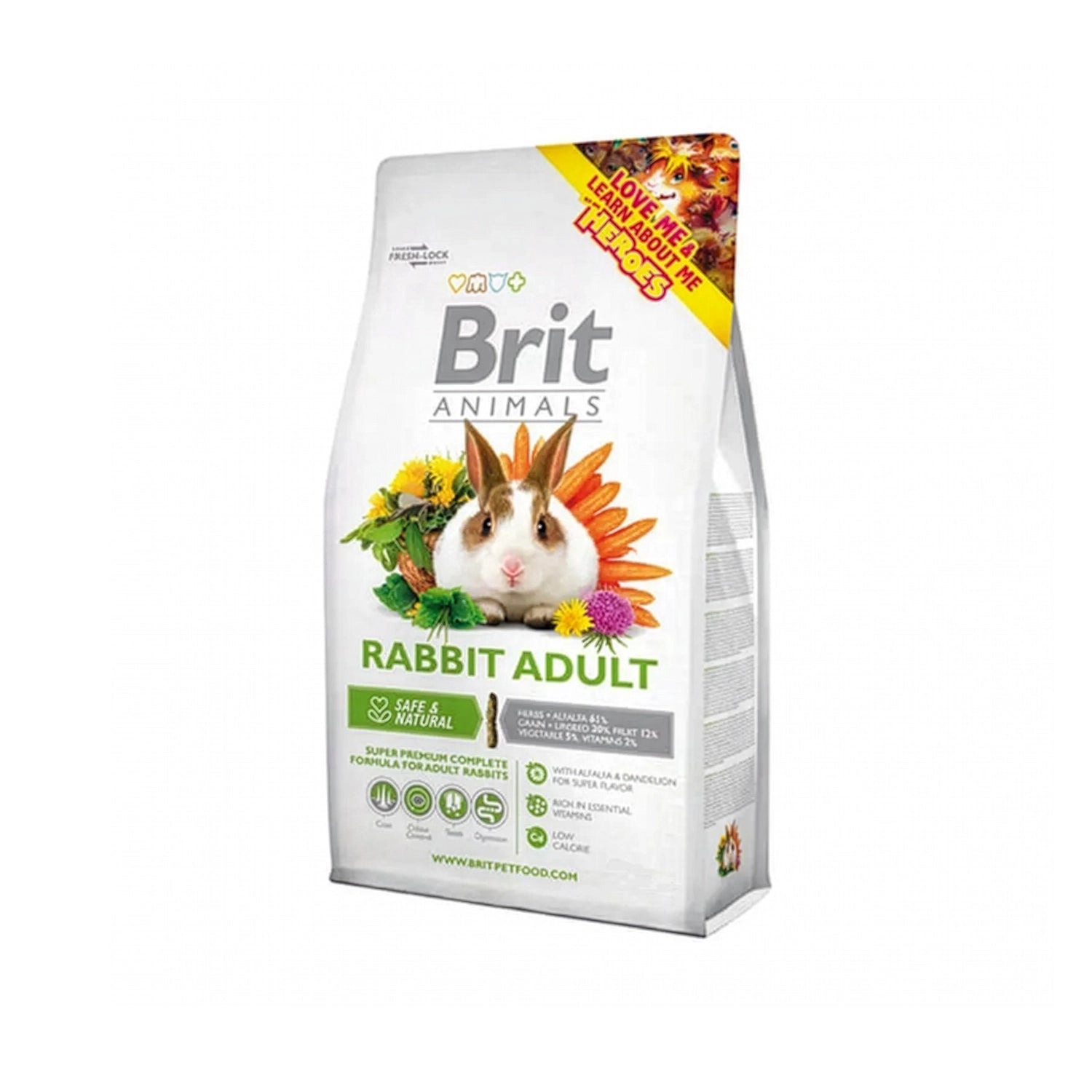 Brit Animals para Conejo Adulto, alimento completo para conejos adultos en bolsa con imagen de un conejo y hierbas naturales.