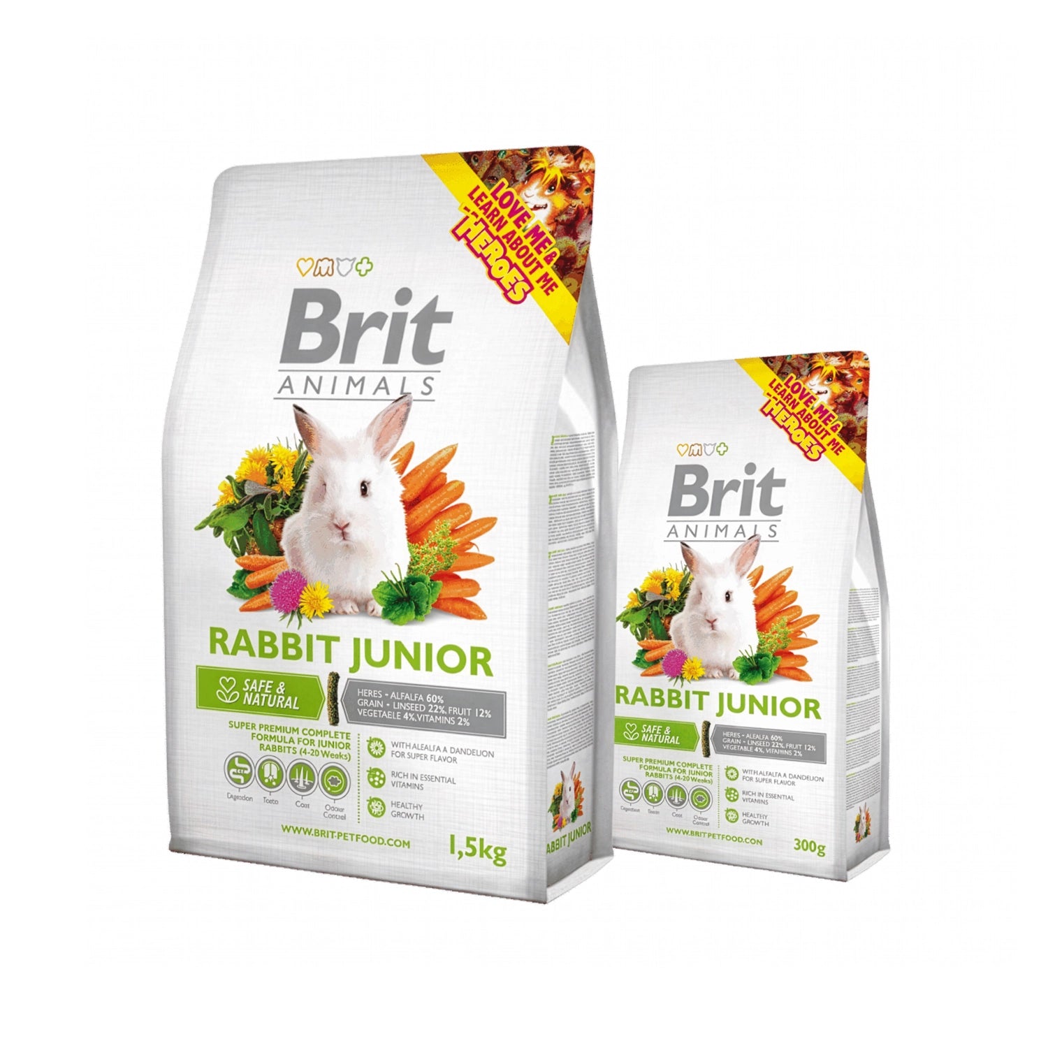 Brit Animals para Conejo Joven, alimento premium para conejos jóvenes en bolsa con imagen de un conejo blanco y vegetales.