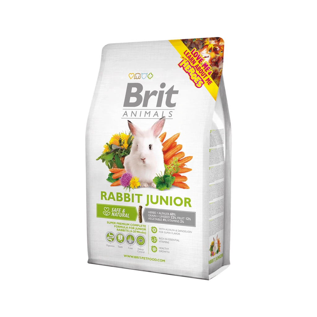Brit Animals para Conejo Joven, alimento premium para conejos jóvenes en bolsa con imagen de un conejo blanco y vegetales.