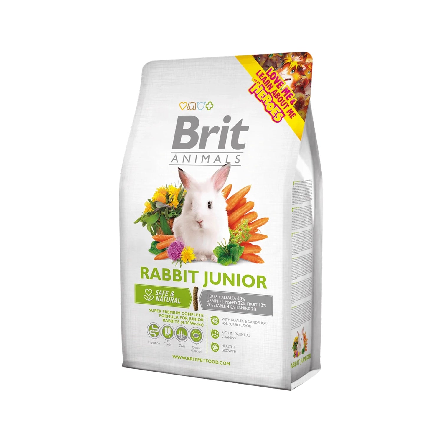 Brit Animals para Conejo Joven, alimento premium para conejos jóvenes en bolsa con imagen de un conejo blanco y vegetales.