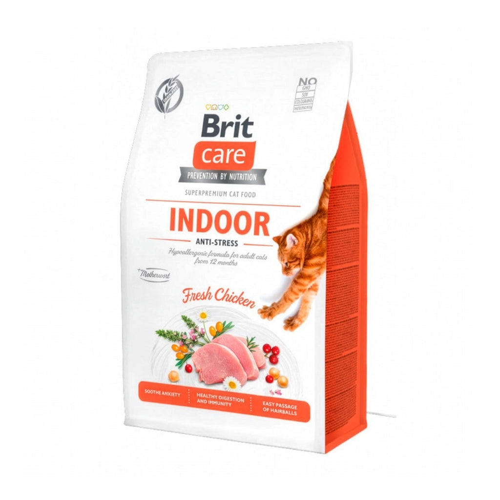 Bolsa de Brit Care Indoor para Gatos, alimento premium con pollo fresco para gatos de interior con control de bolas de pelo.