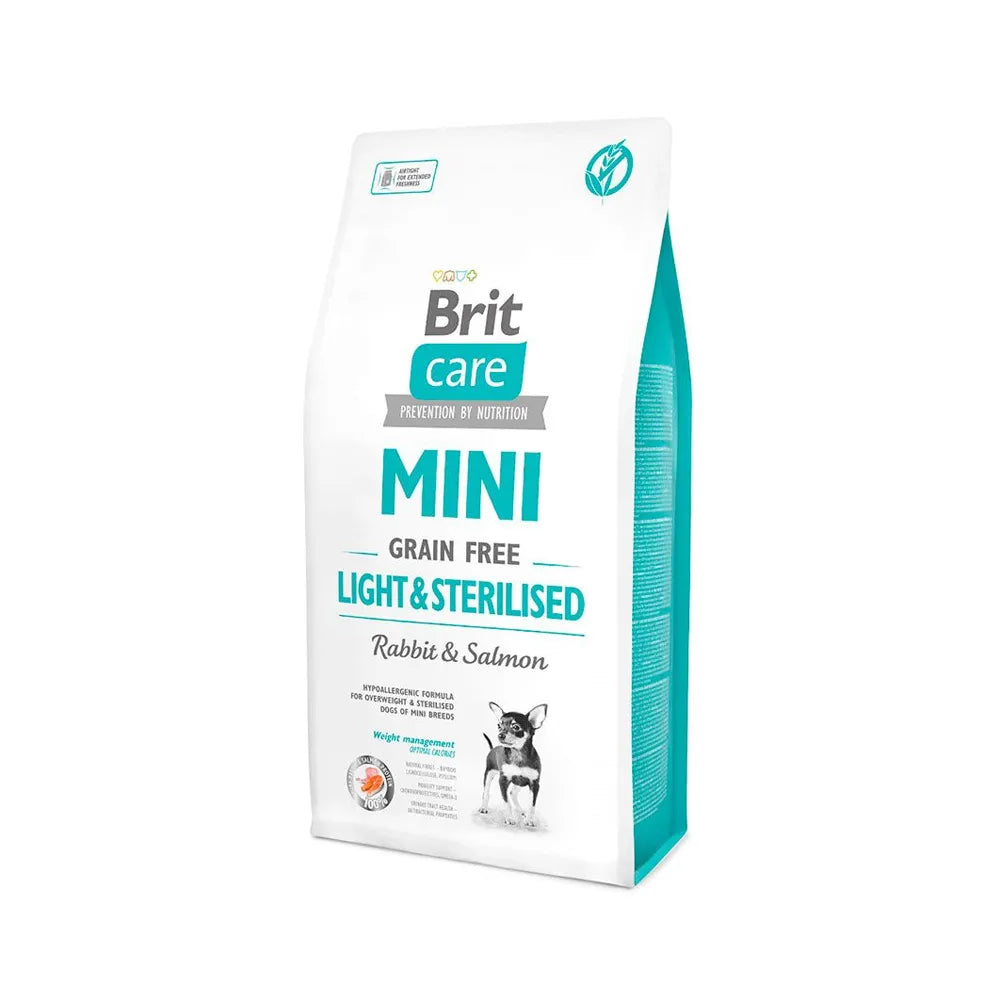 Brit Care Mini Light & Sterilised Conejo & Salmón saco blanco con detalles turquesa, perro pequeño y fórmula grain free