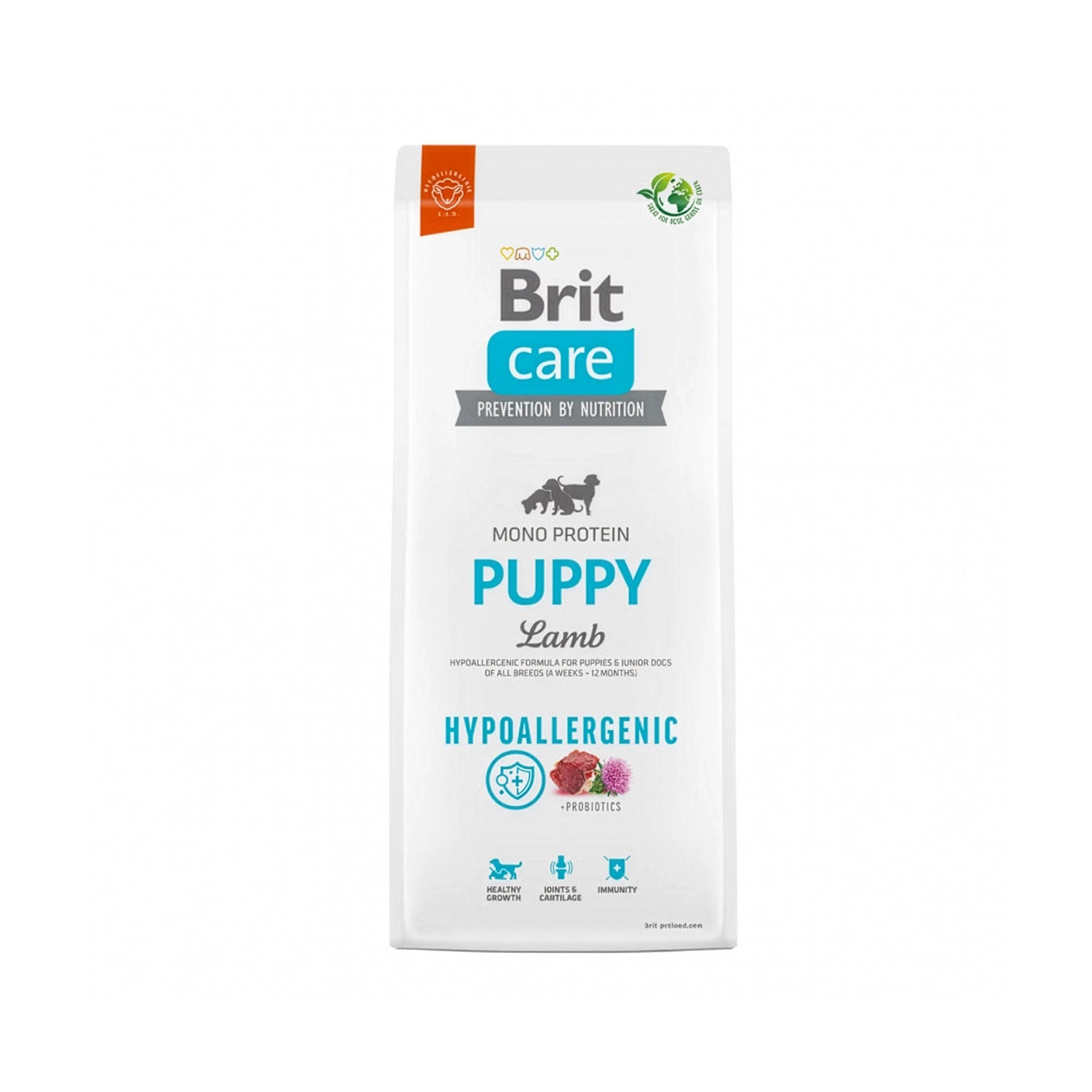 Brit Care Cordero Hipoalergénico para Cachorros alimento seco puppy, empaque con iconos de inmunidad, articulaciones y carne de cordero