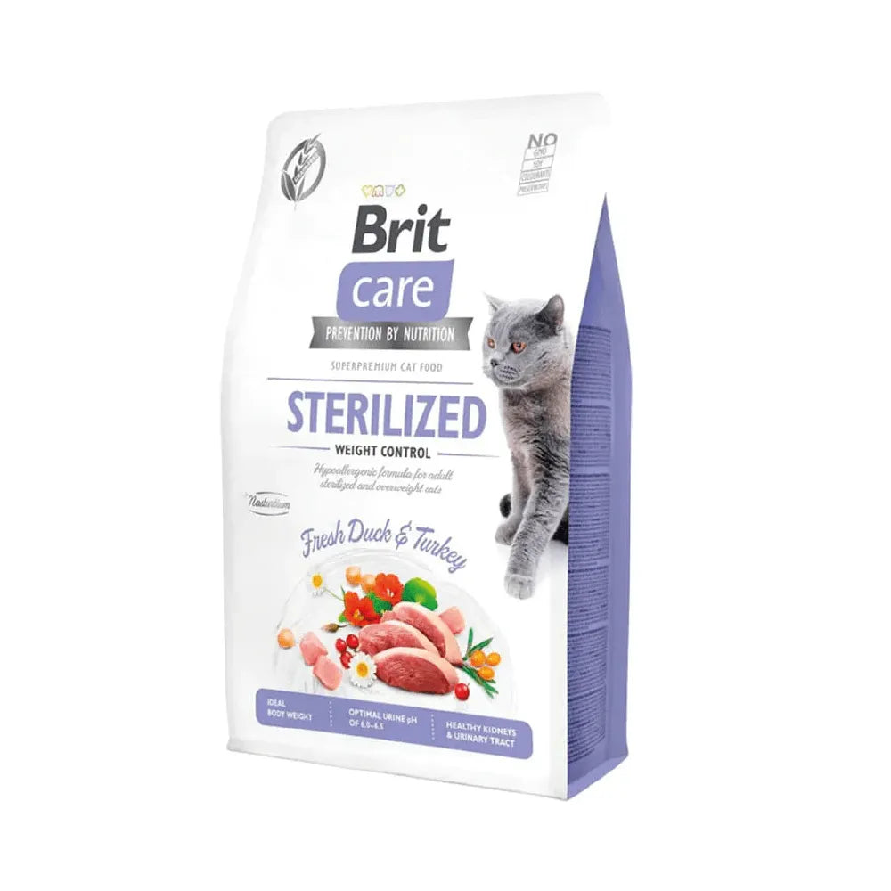 Bolsa de Brit Care Esterilizado Control de peso para Gatos, alimento premium para gatos esterilizados con pato y pavo.