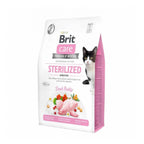 Bolsa de Brit Care Esterilizado Sensitive para Gatos, alimento premium para gatos esterilizados con digestión sensible y receta de conejo.