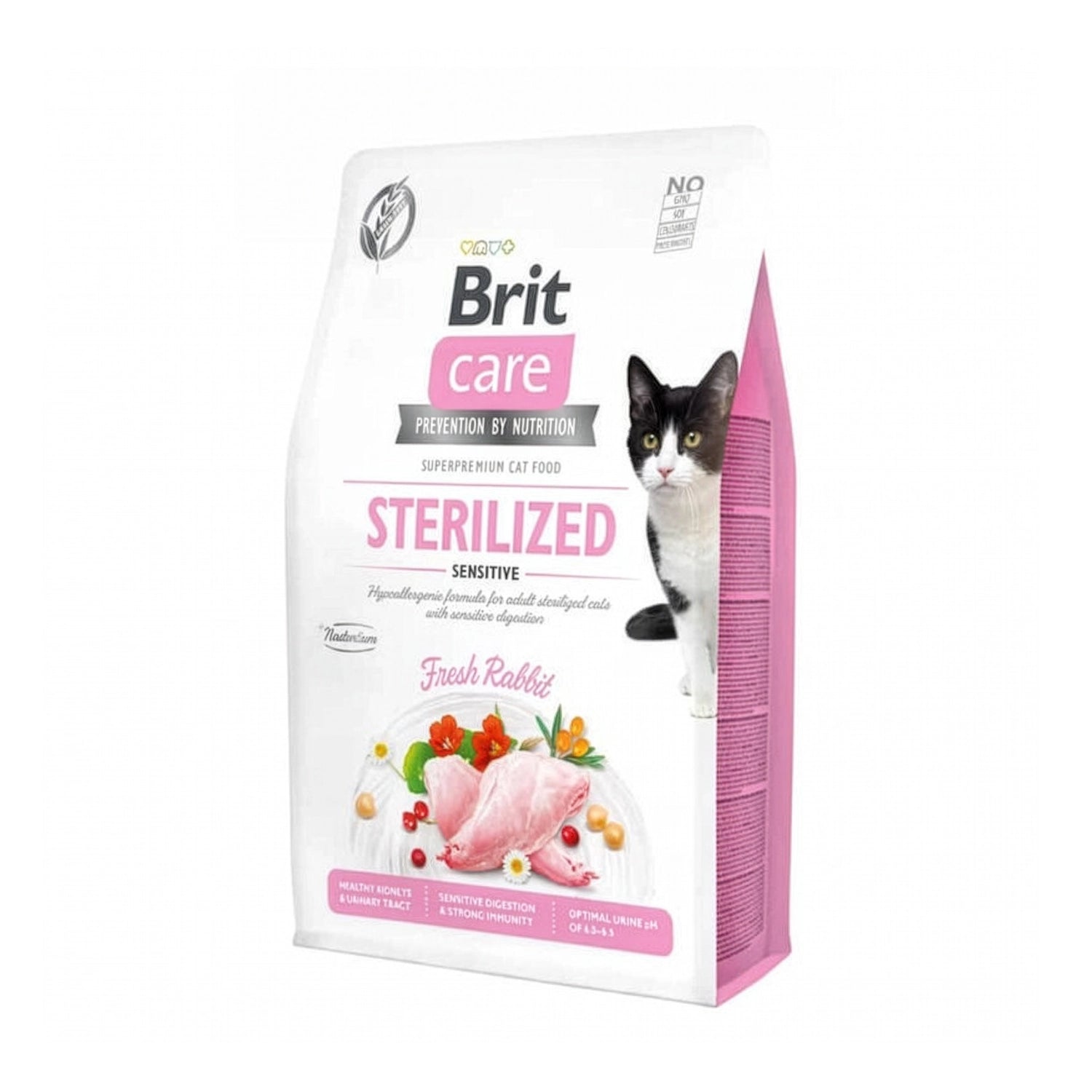Bolsa de Brit Care Esterilizado Sensitive para Gatos, alimento premium para gatos esterilizados con digestión sensible y receta de conejo.