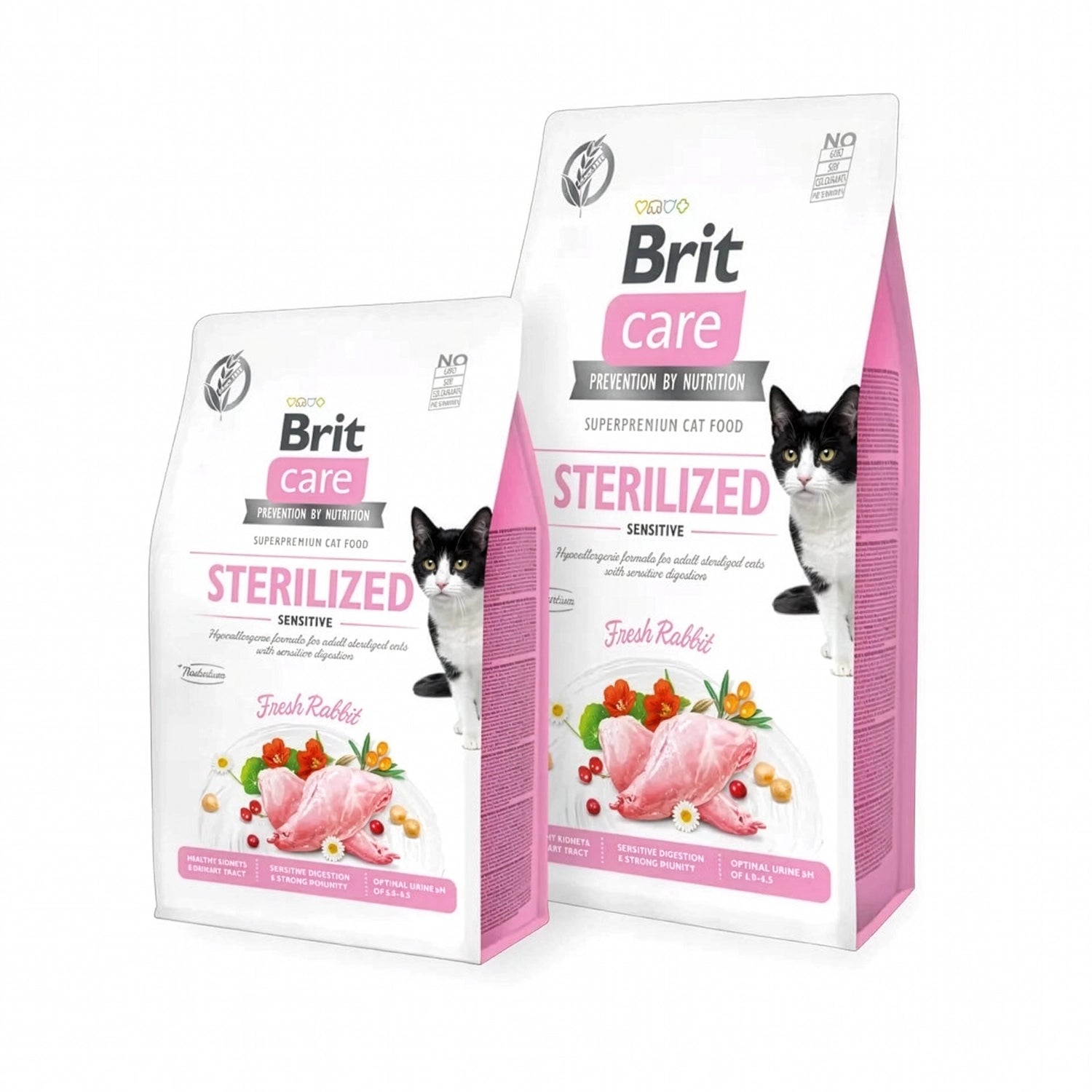 Bolsa de Brit Care Esterilizado Sensitive para Gatos, alimento premium para gatos esterilizados con digestión sensible y receta de conejo.