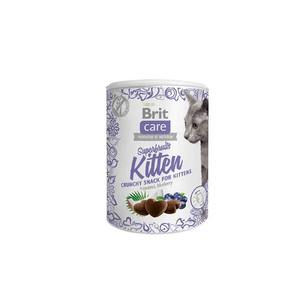 Brit Care Cat Snack Superfruits para Gatitos snack crujiente en lata blanca con ilustración de gato y frutas como coco y arándano