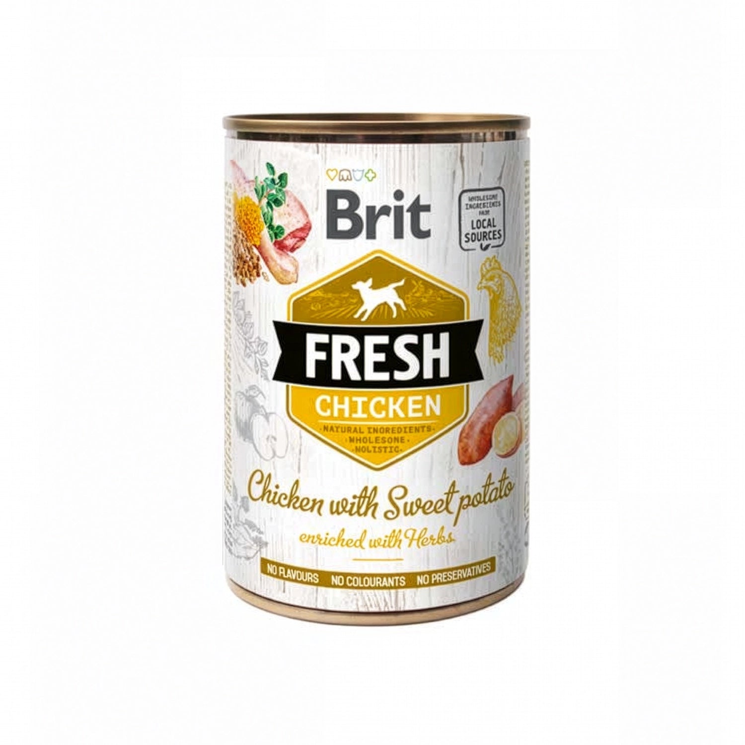Brit Fresh Lata Pollo con Papa Dulce para Perros, alimento húmedo en lata con pollo, papa dulce y hierbas naturales para perros.