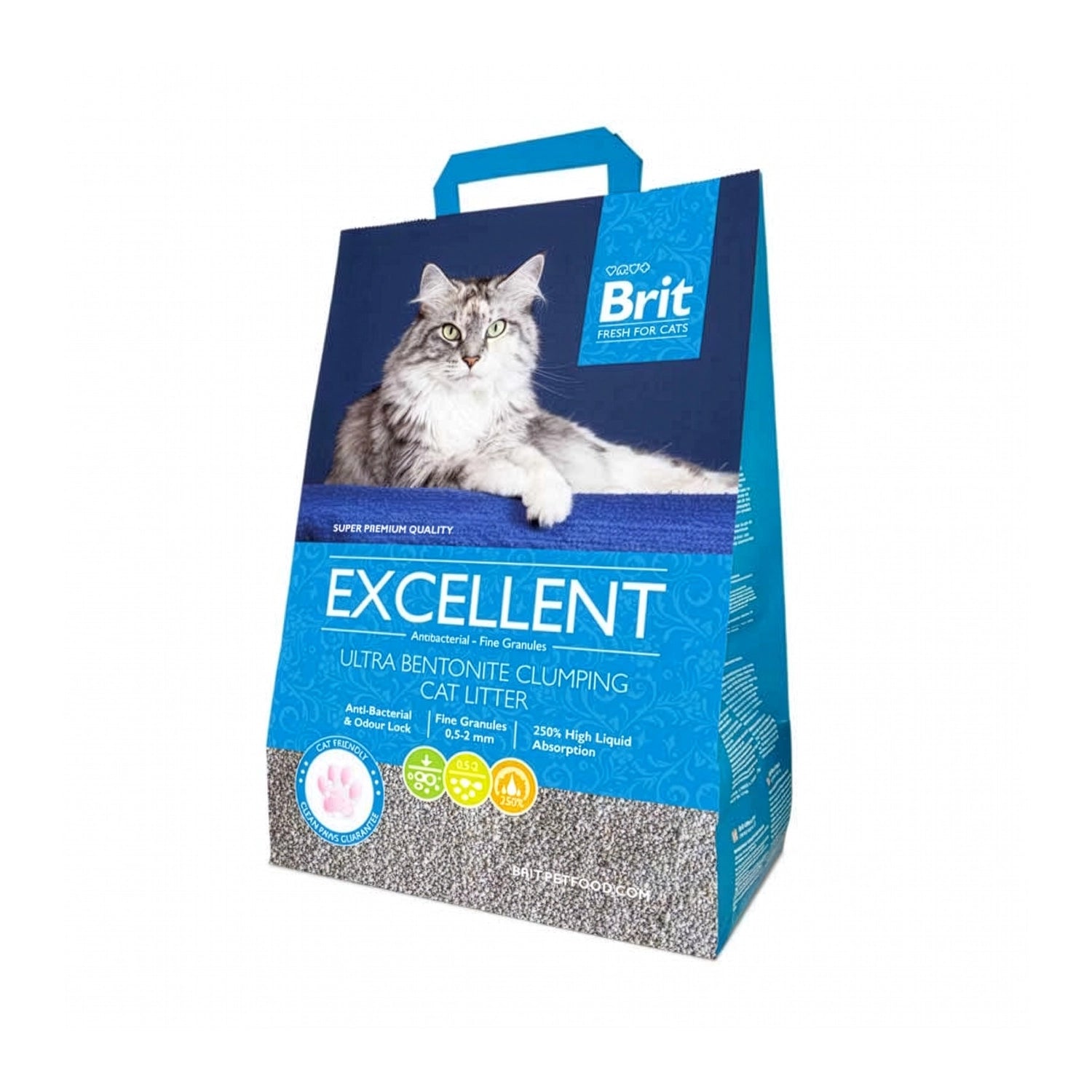Arena Sanitaria Bentonita Brit Fresh para Gatos en bolsa con asa, ilustración de un gato gris y diseño azul de alta absorción.