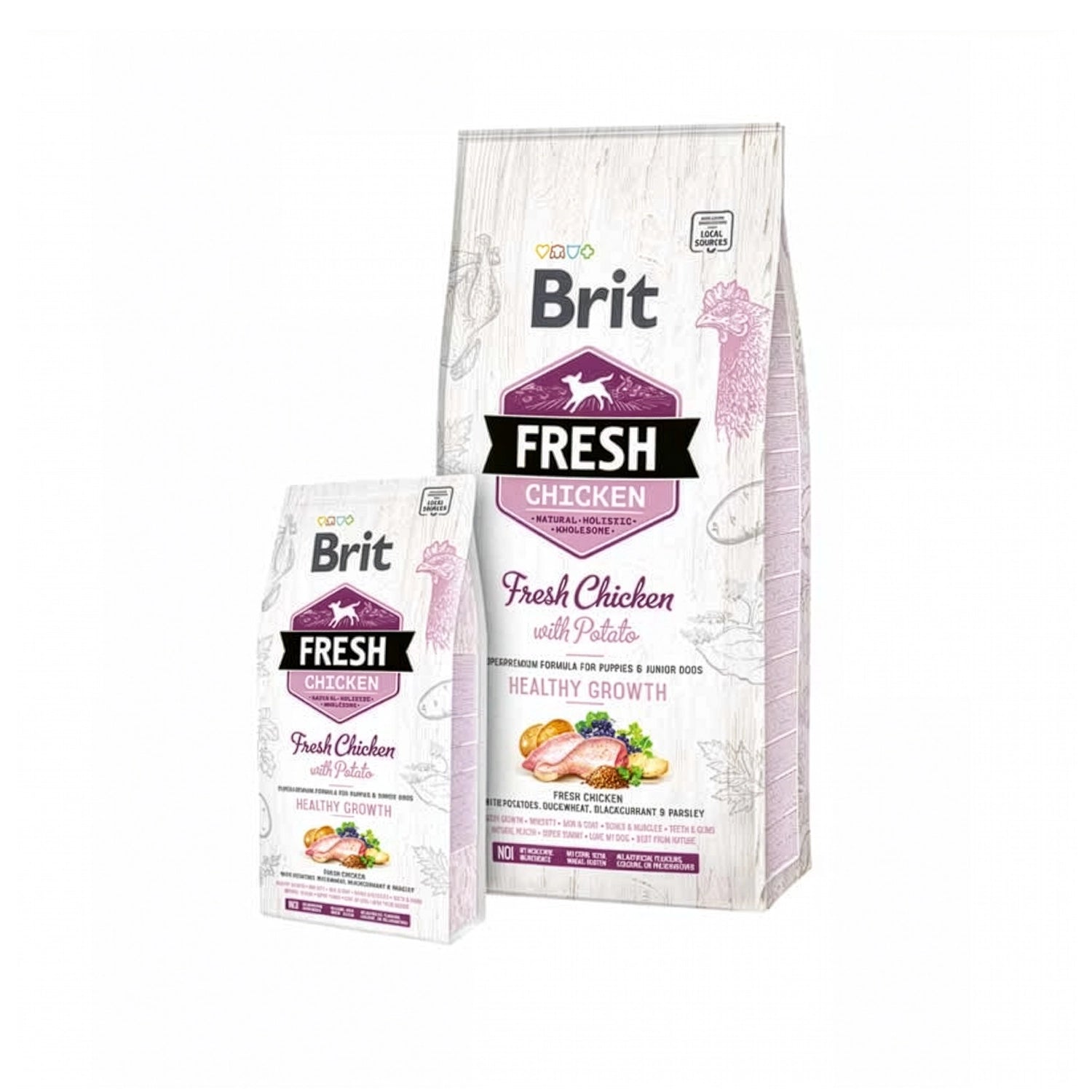 Brit Fresh Pollo y Papas para Cachorros, alimento seco para perros con pollo fresco, papas y fórmula para el crecimiento saludable.