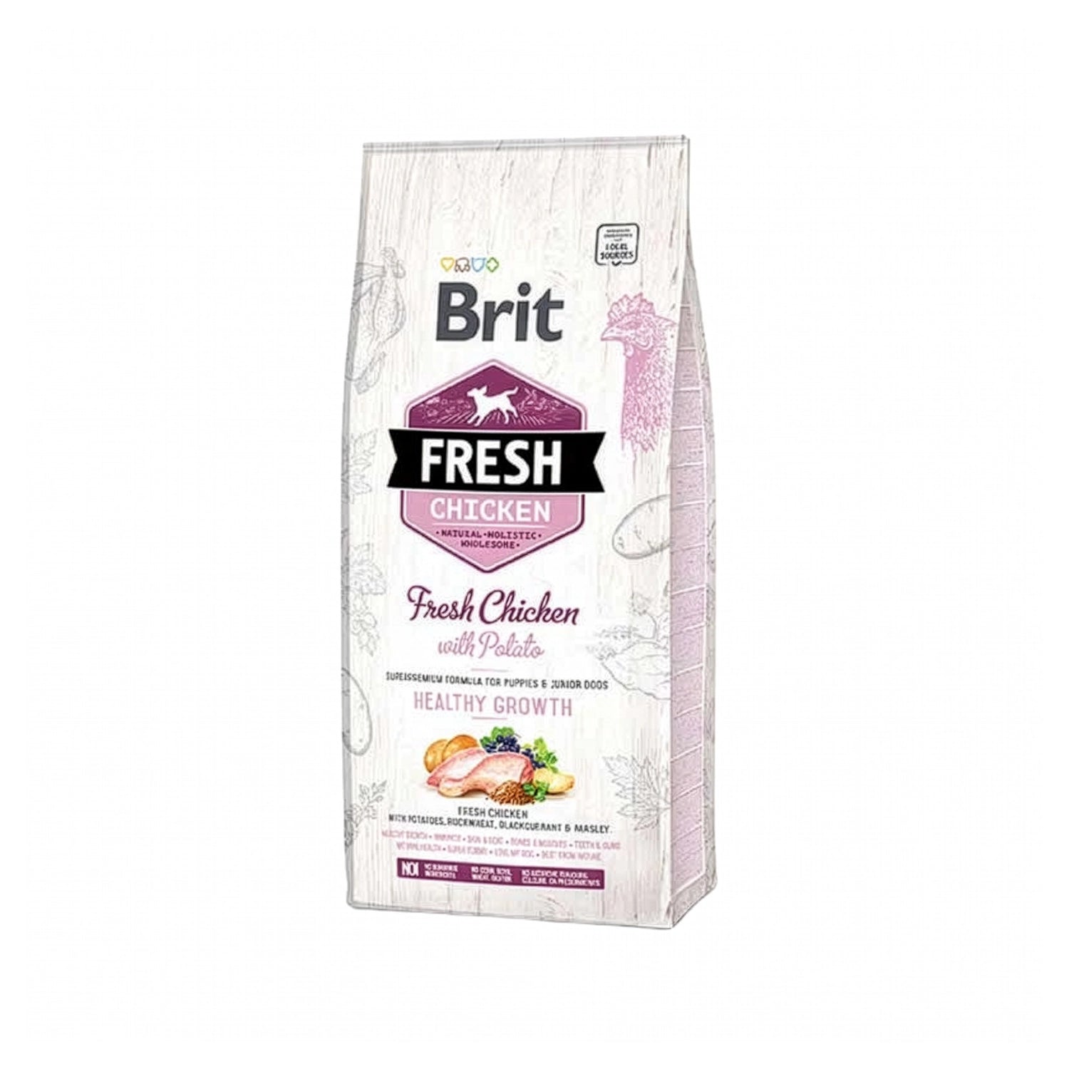 Brit Fresh Pollo y Papas para Cachorros, alimento seco para perros con pollo fresco, papas y fórmula para el crecimiento saludable.