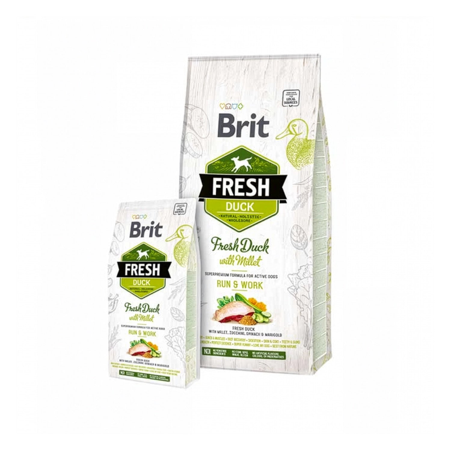 Brit Fresh Pato y Mijo para Perros Activos, alimento seco premium con pato fresco, mijo y vegetales en bolsa para perros activos.