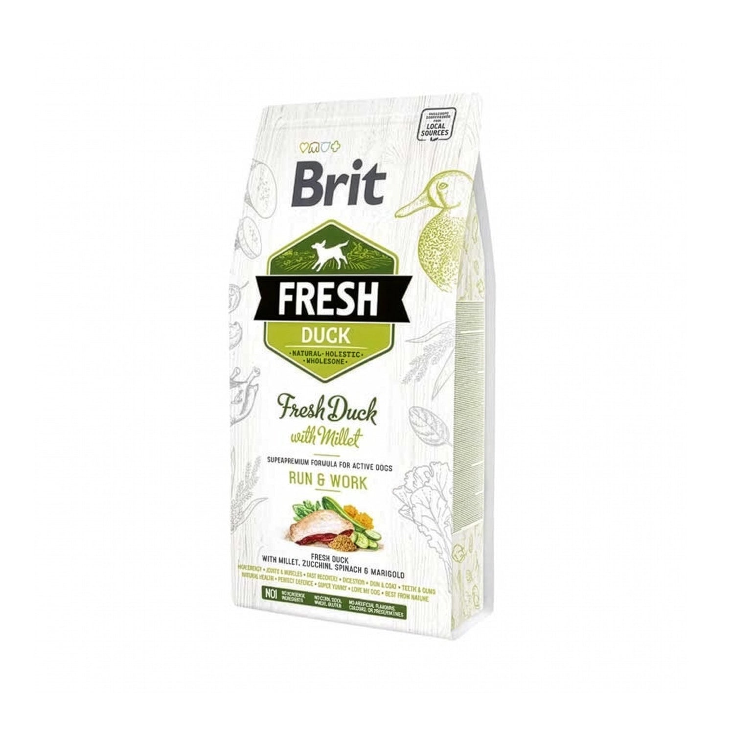 Brit Fresh Pato y Mijo para Perros Activos, alimento seco premium con pato fresco, mijo y vegetales en bolsa para perros activos.