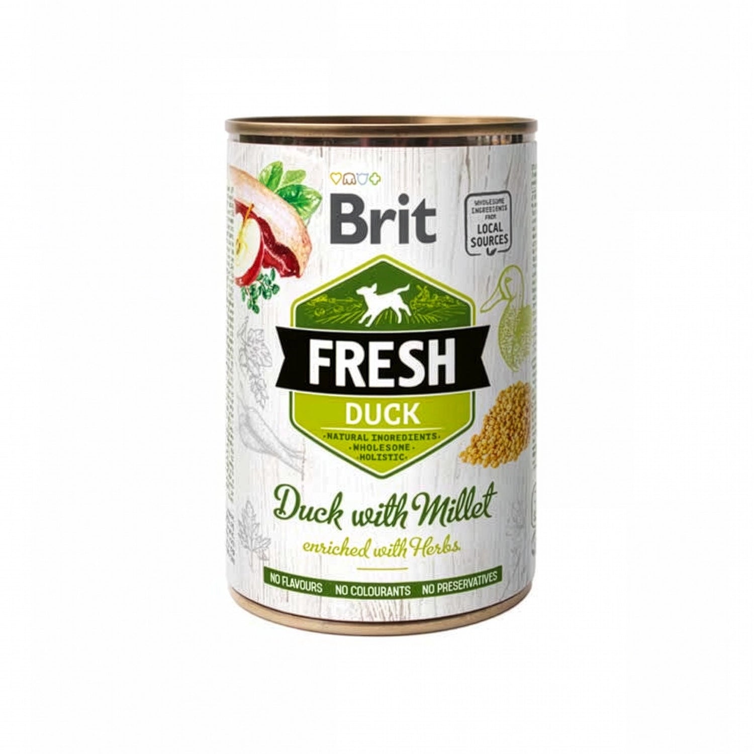 Brit Fresh Lata Pato con Mijo para Perros, alimento húmedo en lata con pato, mijo y hierbas naturales para una nutrición completa.