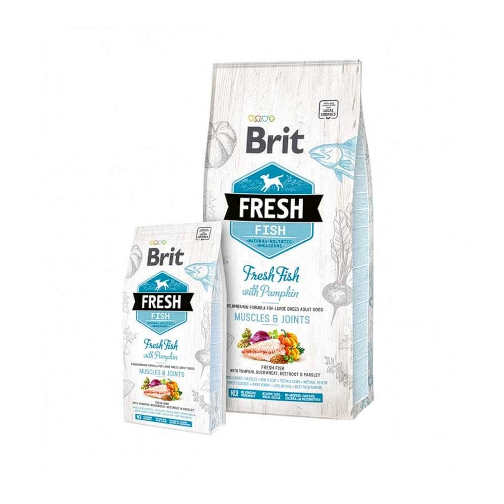 Brit Fresh Pescado y Calabaza para Razas Grandes, alimento seco para perros con pescado fresco, calabaza y envase de diseño blanco.
