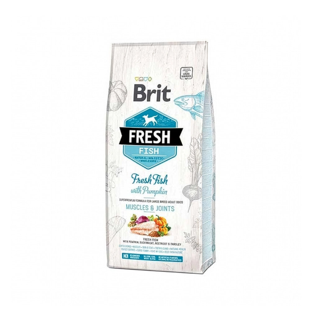 Brit Fresh Pescado y Calabaza para Razas Grandes, alimento seco para perros con pescado fresco, calabaza y envase de diseño blanco.