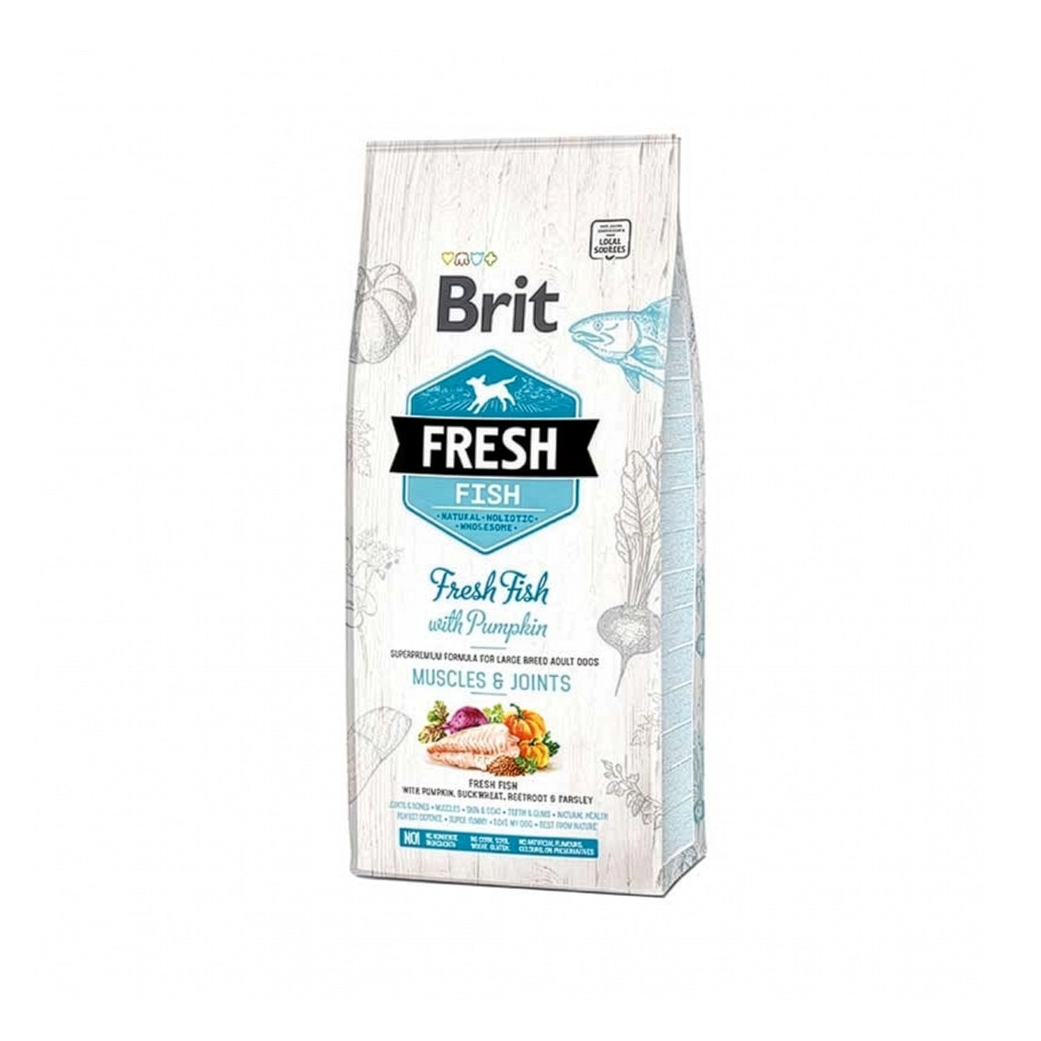 Brit Fresh Pescado y Calabaza para Razas Grandes, alimento seco para perros con pescado fresco, calabaza y envase de diseño blanco.