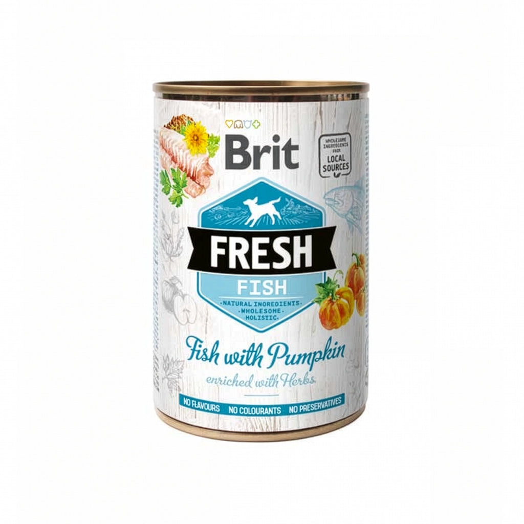 Brit Fresh Lata Pescado con Calabaza para Perros, alimento húmedo con pescado, calabaza y hierbas naturales en envase tipo lata.