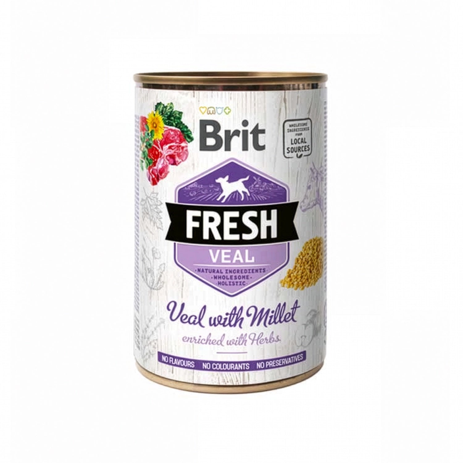 Brit Fresh Lata Ternera con Mijo para Perros, alimento húmedo en lata con ternera, mijo y hierbas naturales para una nutrición completa.