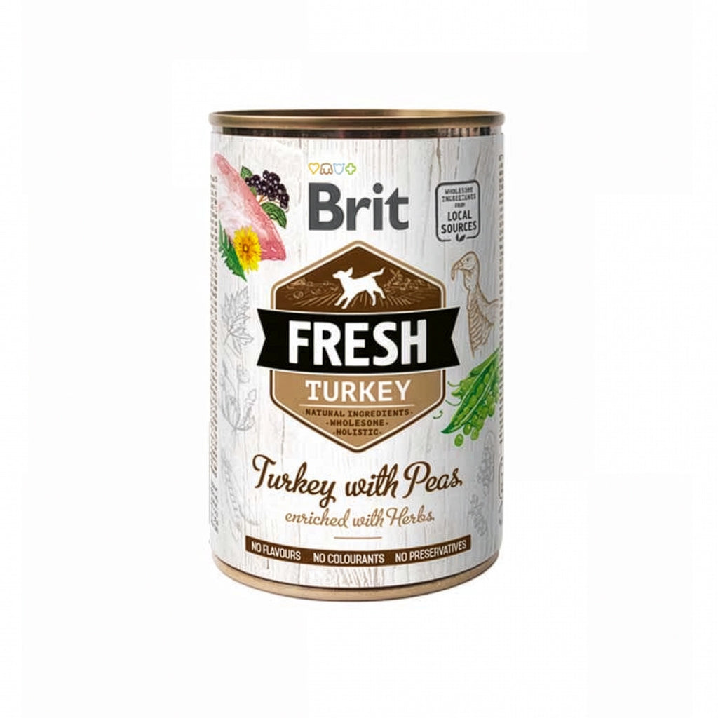 Brit Fresh Lata Pavo con Guisantes para Perros, alimento húmedo con pavo, guisantes y hierbas naturales en envase tipo lata.