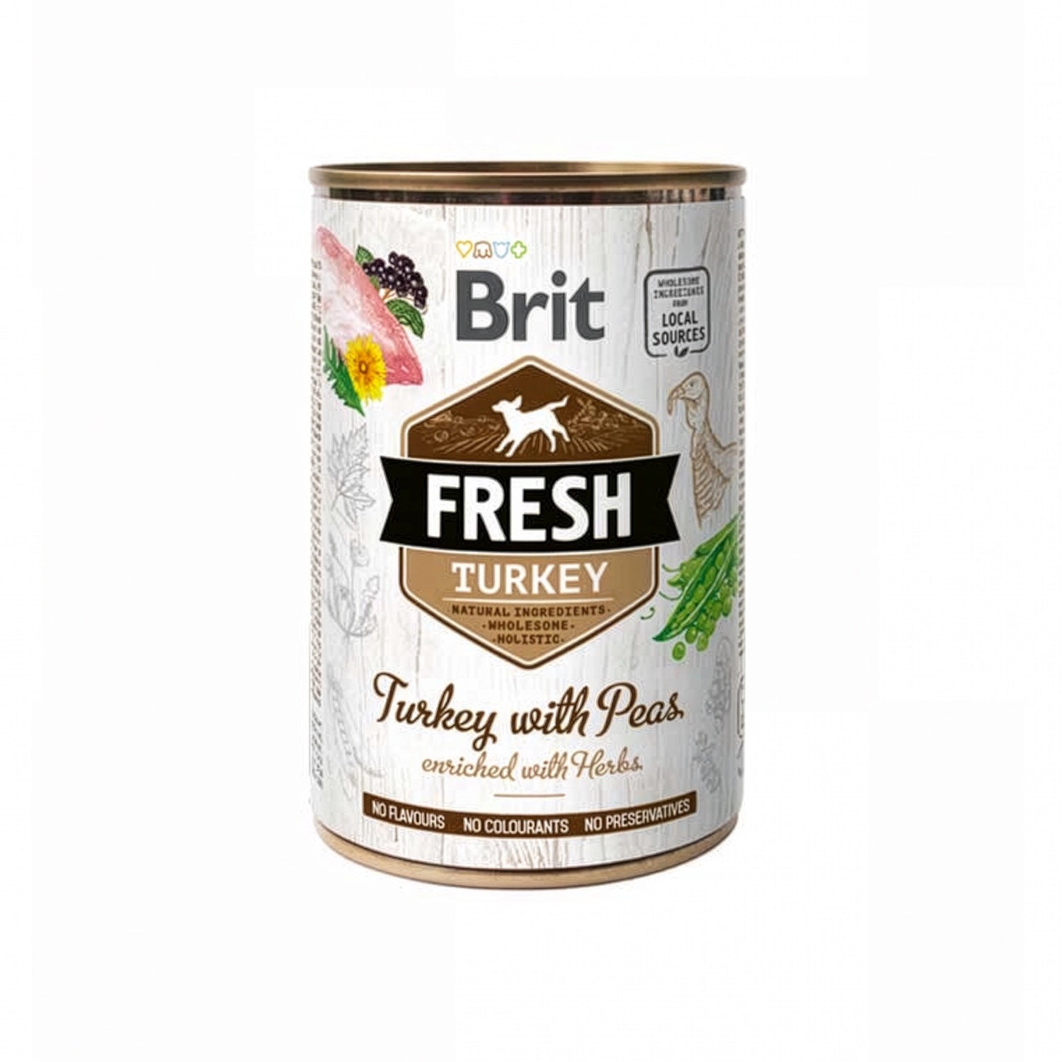 Brit Fresh Lata Pavo con Guisantes para Perros, alimento húmedo con pavo, guisantes y hierbas naturales en envase tipo lata.