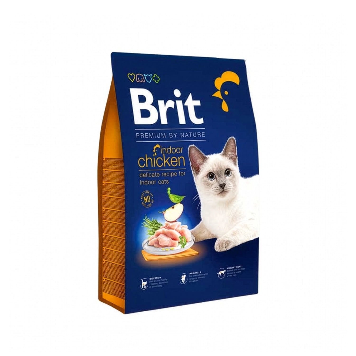 Brit Premium by Nature para Gatos Indoor con pollo en bolsa de alimento seco para gatos de interior, ilustración de gato y fondo blanco.