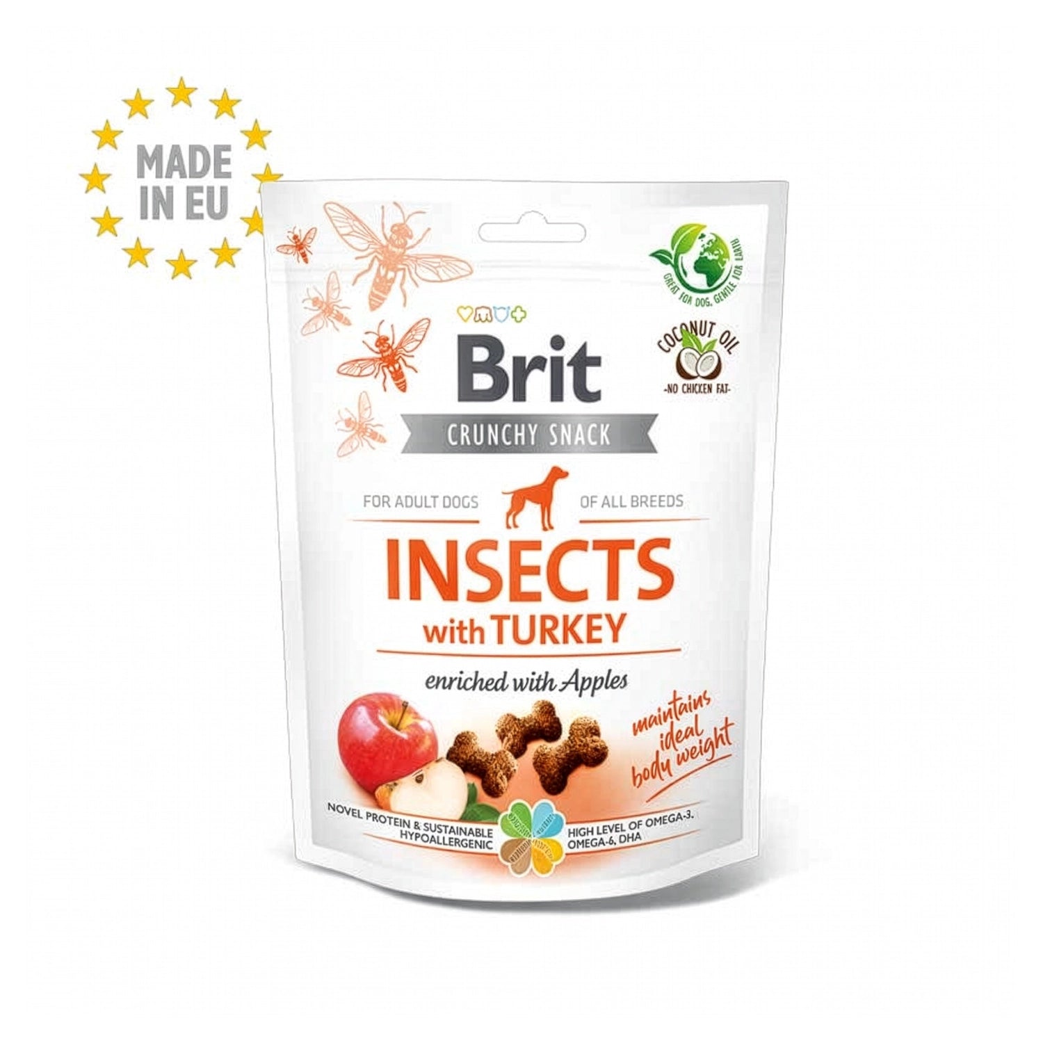 Brit Crunchy Snack Insecto y Pavo para Perros en bolsa blanca con detalles naranjos, croquetas en forma de hueso y manzana