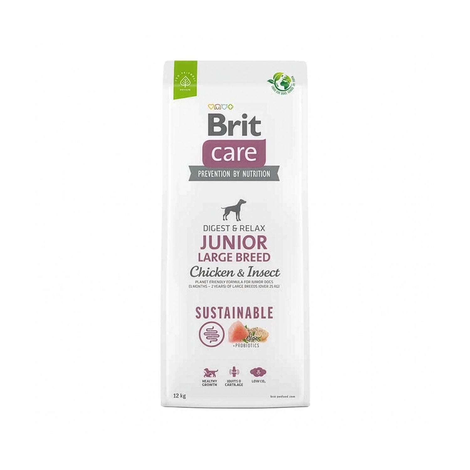 Brit Care Junior Pollo e Insectos para Cachorros Razas Grandes alimento seco, empaque con ingredientes y beneficios para crecimiento