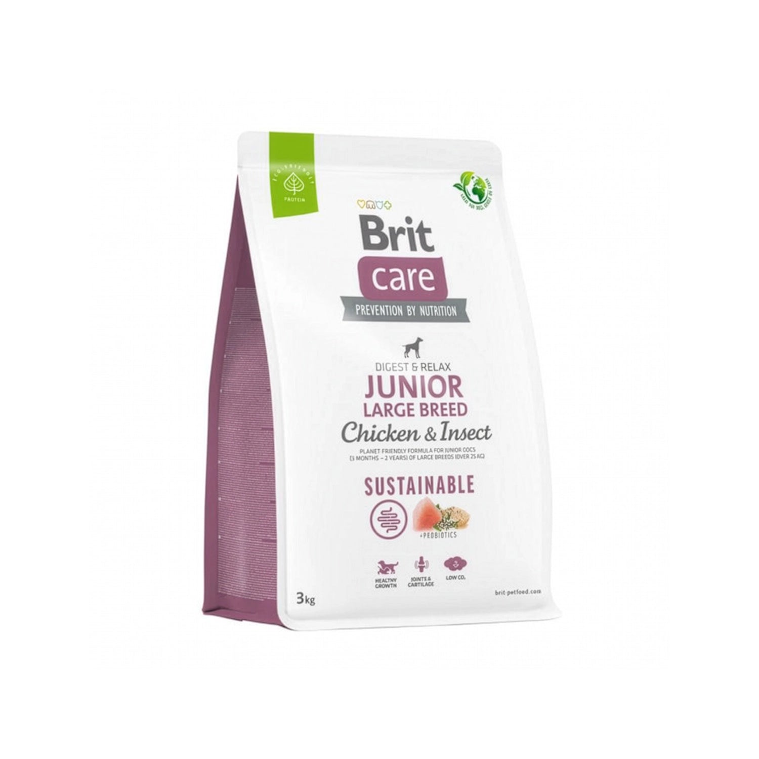 Brit Care Junior Pollo e Insectos para Cachorros Razas Grandes alimento seco, empaque con ingredientes y beneficios para crecimiento