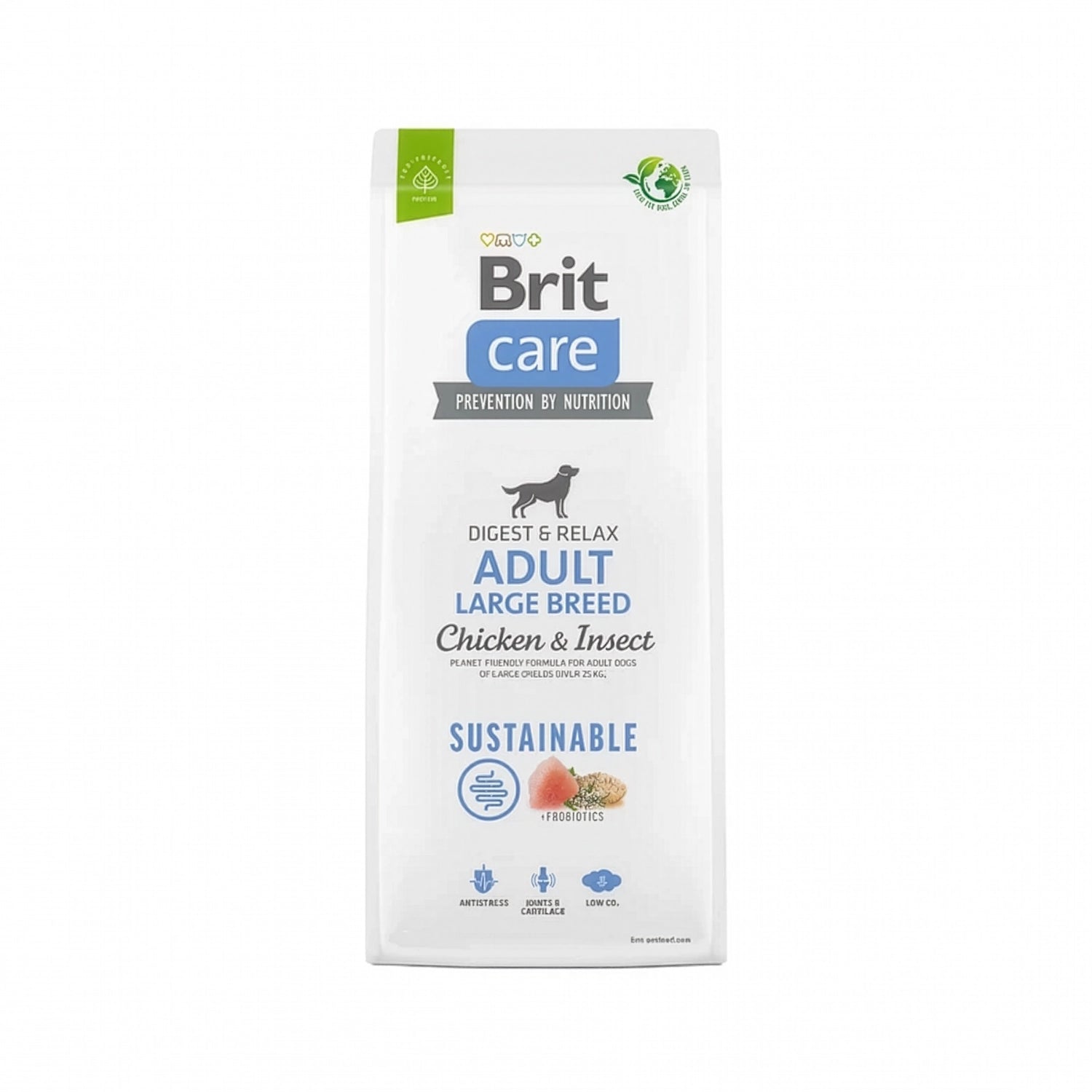 Brit Care Pollo e Insectos para Perros Razas Grandes alimento seco, empaque con ingredientes y beneficios para digestión y salud