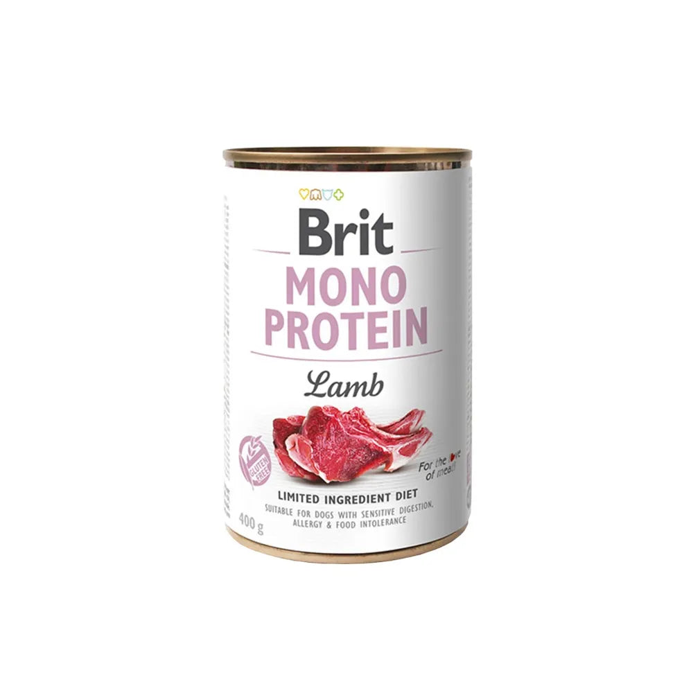 Brit Care Mono Protein Cordero en lata, alimento húmedo para perros con carne de cordero, diseño blanco y etiqueta de dieta limitada