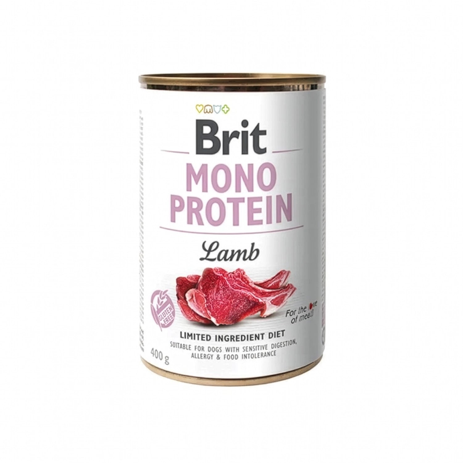 Brit Care Mono Protein Cordero en lata, alimento húmedo para perros con carne de cordero, diseño blanco y etiqueta de dieta limitada
