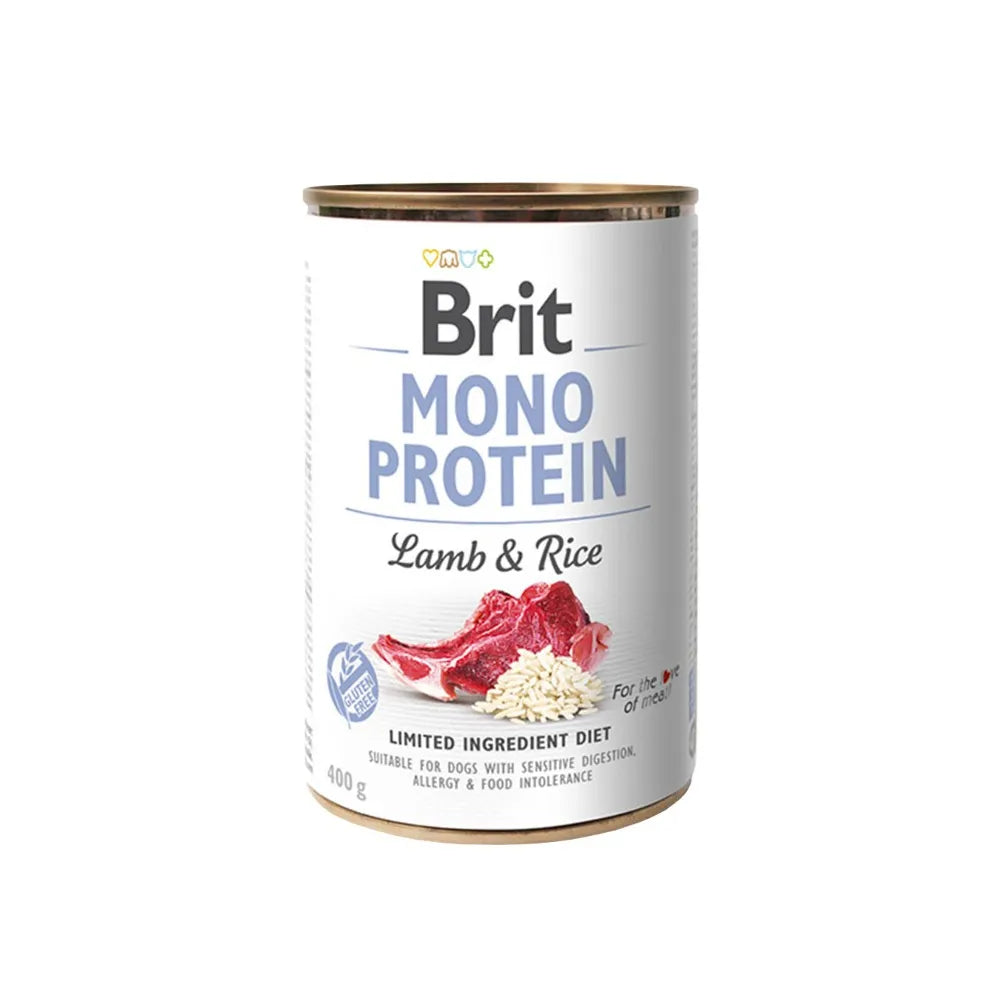Lata Brit Care Mono Protein Cordero y Arroz para perros, diseño blanco con imagen de carne de cordero y arroz, dieta limitada