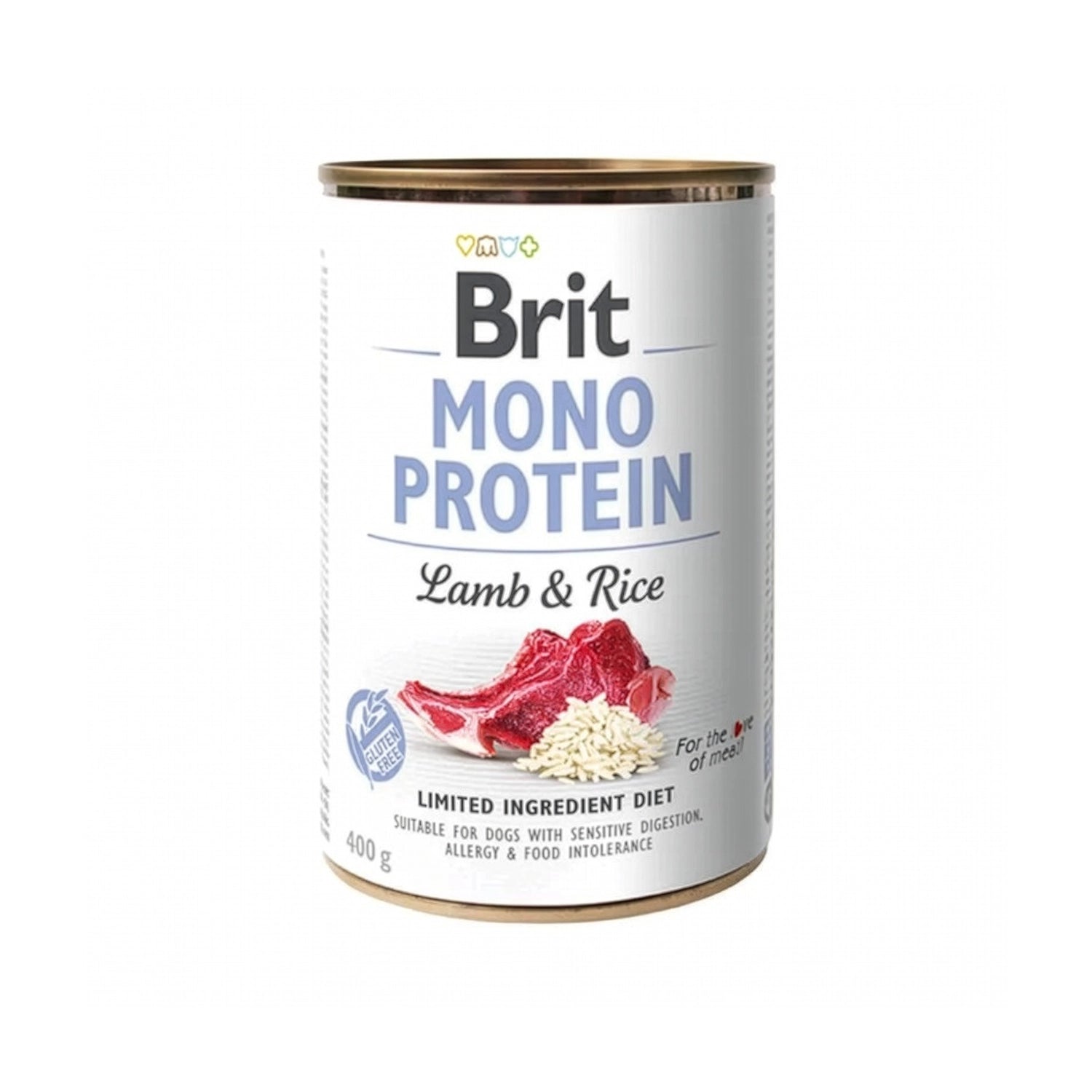 Lata Brit Care Mono Protein Cordero y Arroz para perros, diseño blanco con imagen de carne de cordero y arroz, dieta limitada