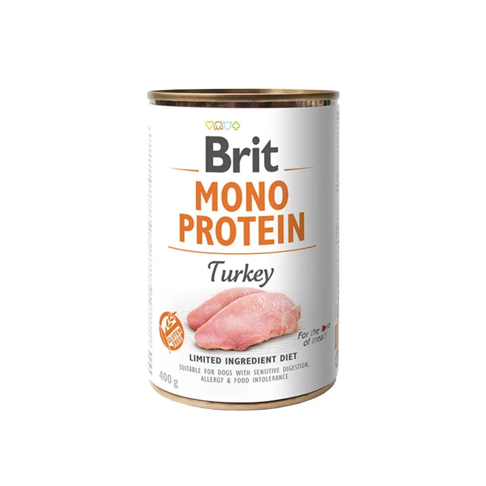 Lata Brit Care Mono Protein Pavo para perros, etiqueta con carne de pavo, dieta limitada ideal para digestión sensible
