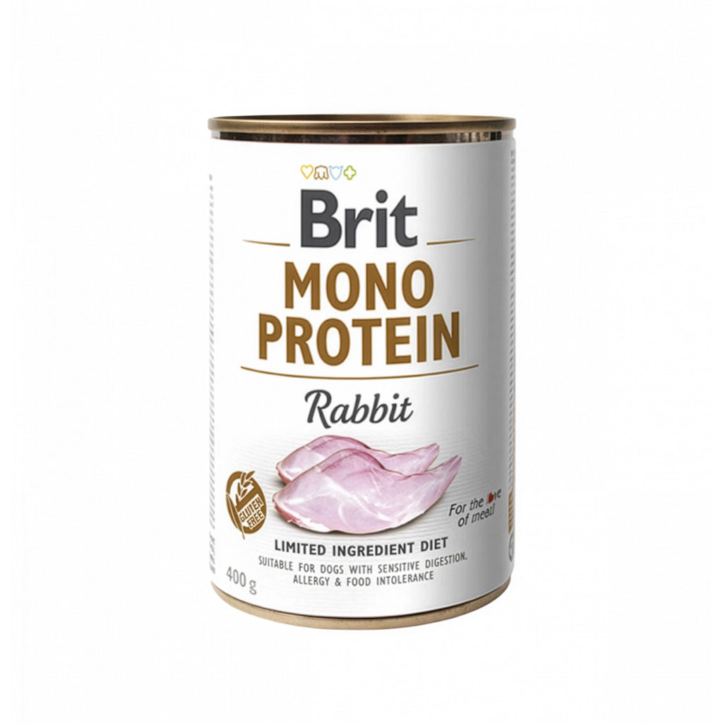 Brit Care Mono Protein Conejo en lata con etiqueta blanca, ilustración de carne de conejo y fórmula 