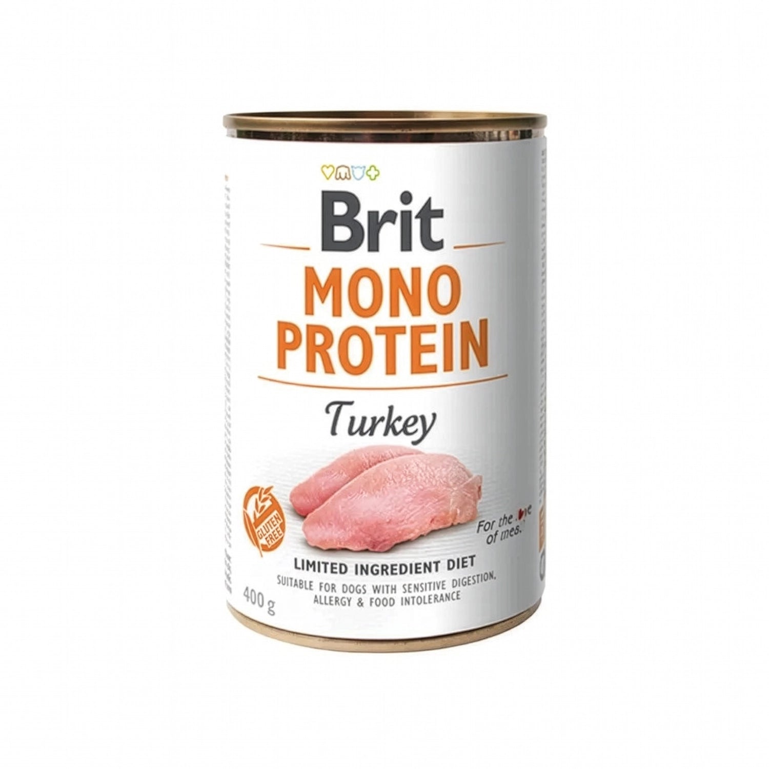 Lata Brit Care Mono Protein Pavo para perros, etiqueta con carne de pavo, dieta limitada ideal para digestión sensible