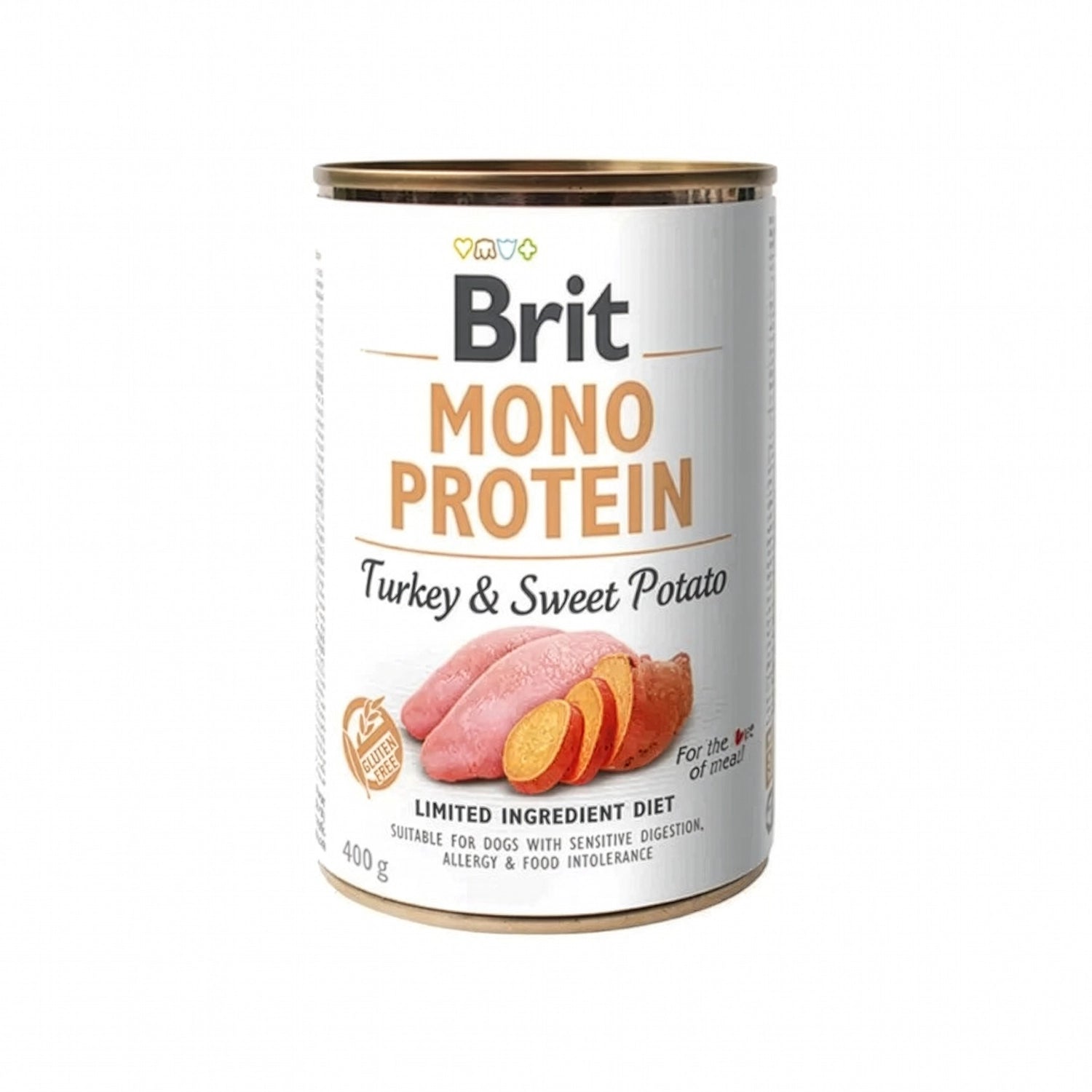 Lata Brit Care Mono Protein Pavo y Papa Dulce, comida húmeda con proteína única de pavo y papa dulce, ideal para perros sensibles