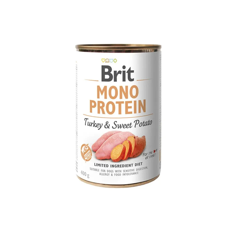 Lata Brit Care Mono Protein Pavo y Papa Dulce, comida húmeda con proteína única de pavo y papa dulce, ideal para perros sensibles