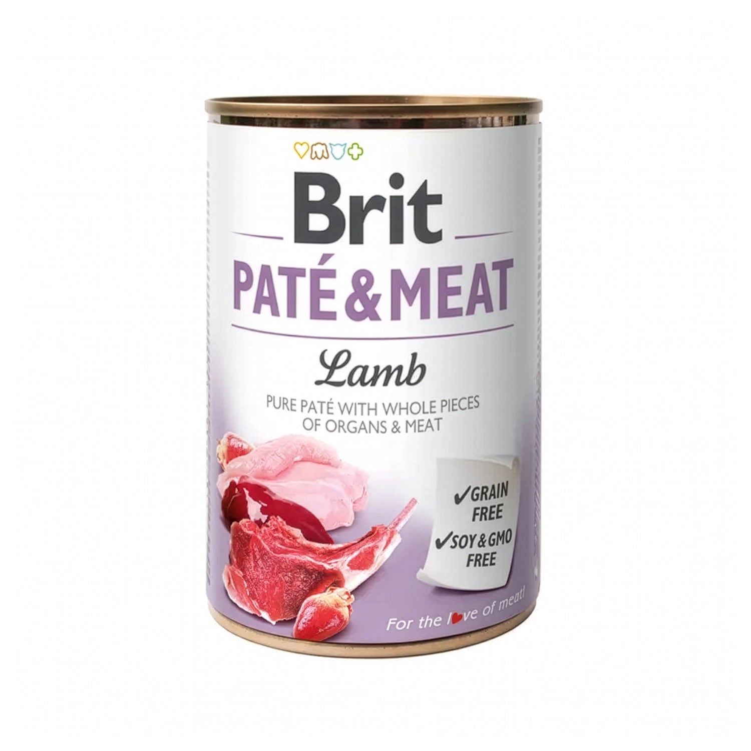 Brit Care Lata Paté & Meat Cordero para Perros 400 g envases metálicos con diseño blanco, ilustración de cordero y sello sin granos
