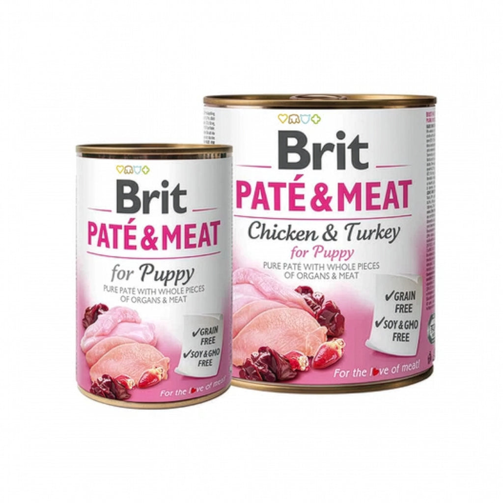 Latas Brit Care Lata Paté & Meat de Pollo y Pavo para Cachorros, comida húmeda con piezas de carne y sello grain free en envase
