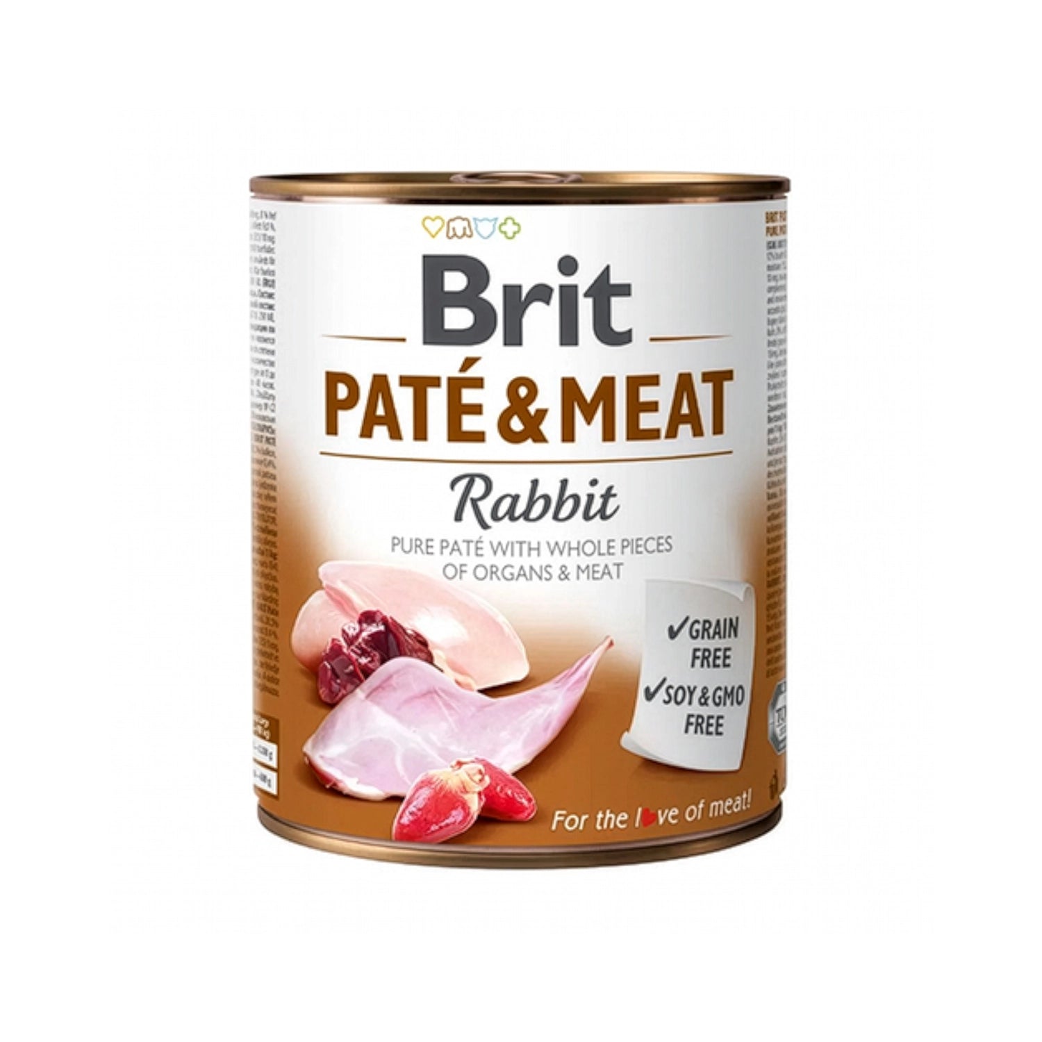 Brit Care Lata Paté & Meat Conejo para Perros alimento húmedo, con imagen de carne de conejo y sello sin soya ni GMO