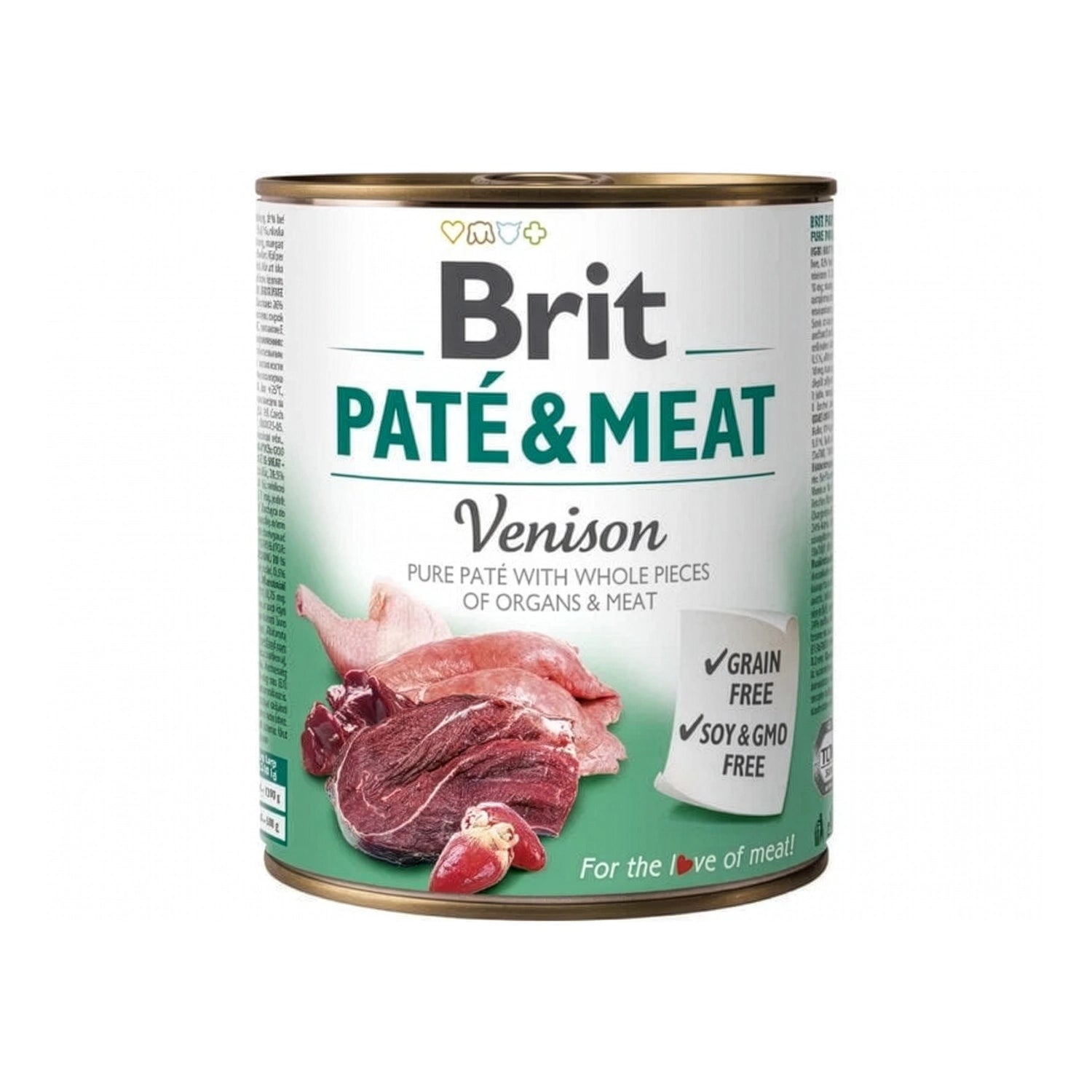 Brit Care Lata Paté & Meat Venado para Perros, latas con diseño verde, carne de venado y fórmula grain free