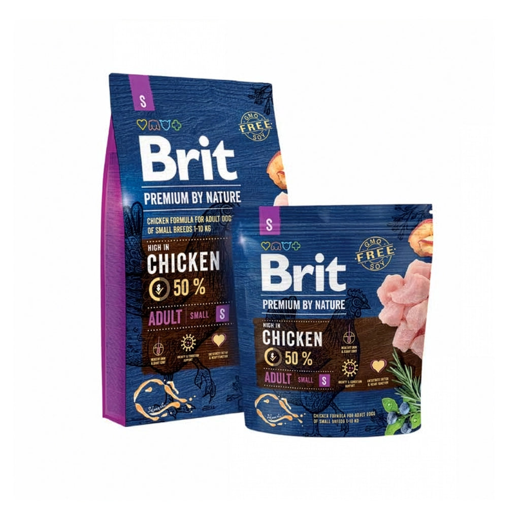 Brit Premium para Perros Razas Pequeñas con pollo en bolsa de alimento seco para perros adultos pequeños, sobre fondo blanco.