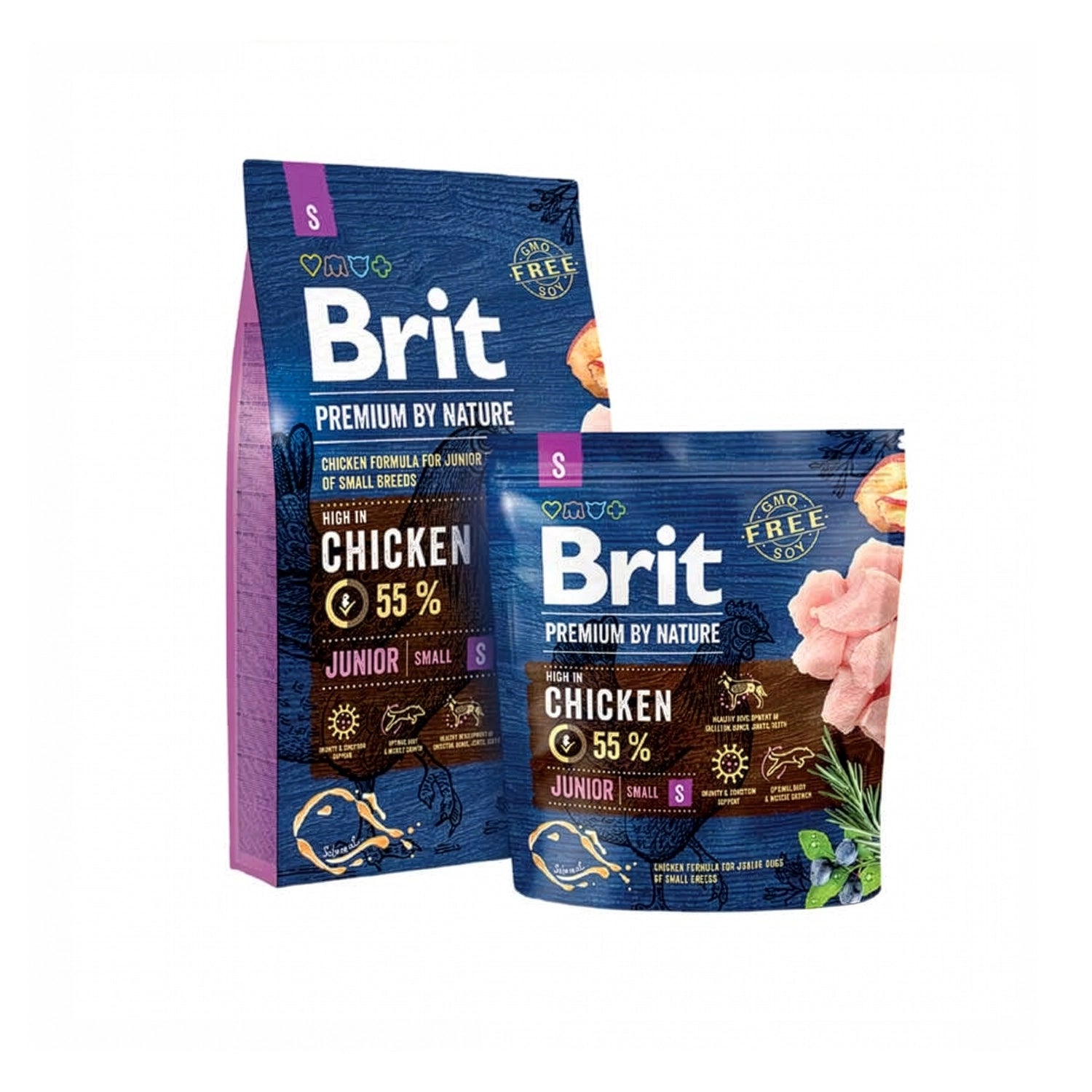 Brit Premium para Cachorros Razas Pequeñas con pollo en bolsa de alimento seco para cachorros de razas pequeñas, sobre fondo blanco.