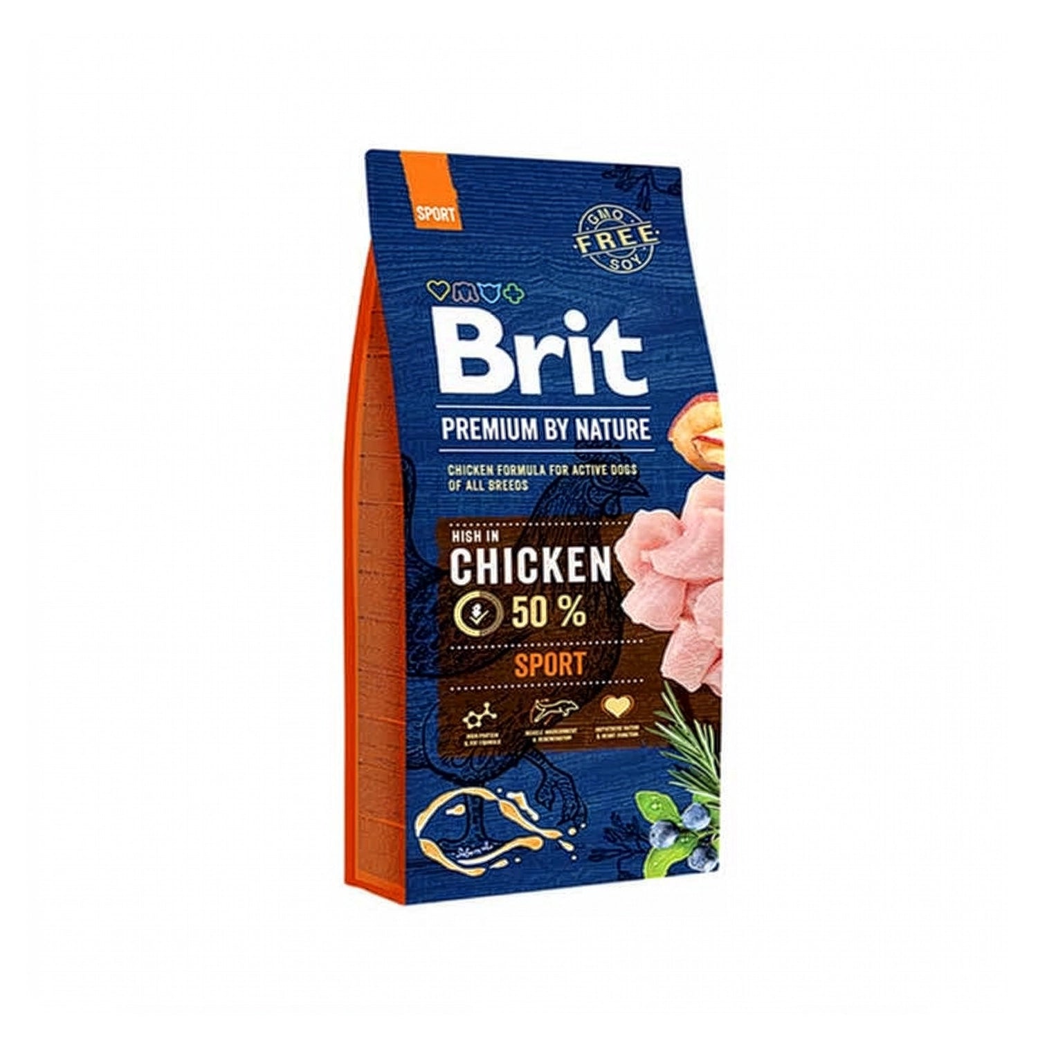 Brit Premium Sport para Perros con pollo en bolsas de alimento seco para perros activos, formato grande y pequeño sobre fondo blanco.