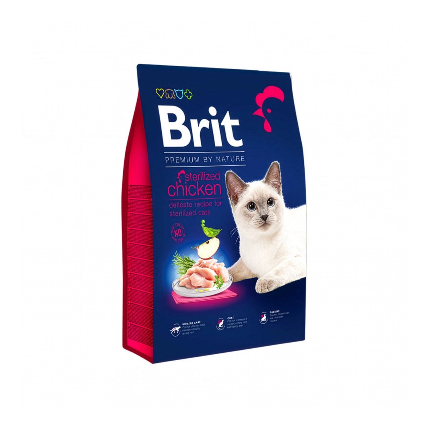 Brit Premium by Nature Pollo para Gatos Esterilizados, alimento seco con pollo para gatos esterilizados en bolsa con ilustración de un gato.
