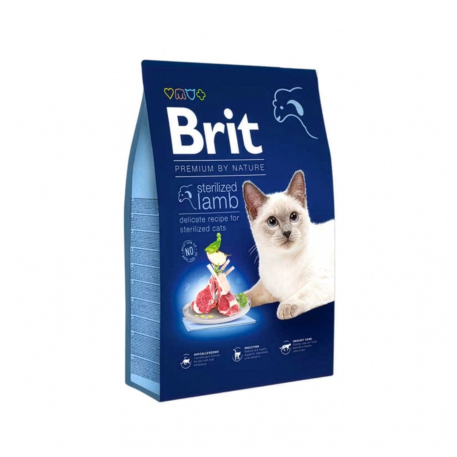 Brit Premium by Nature Cordero para Gatos Esterilizados en bolsa de alimento seco con cordero para gatos adultos, sobre fondo blanco.